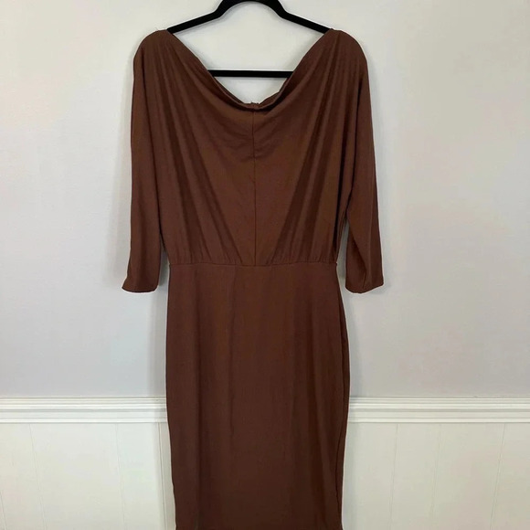 Women's 3/4 Sleeve Brown Ribbed Draped Neck Dress with Cinched Waist GUC - Picture 7 of 7